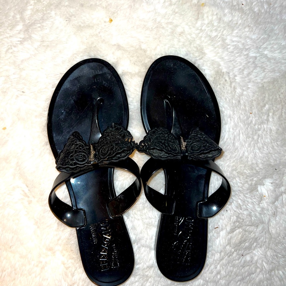 Womens Ferragamo black flip flops